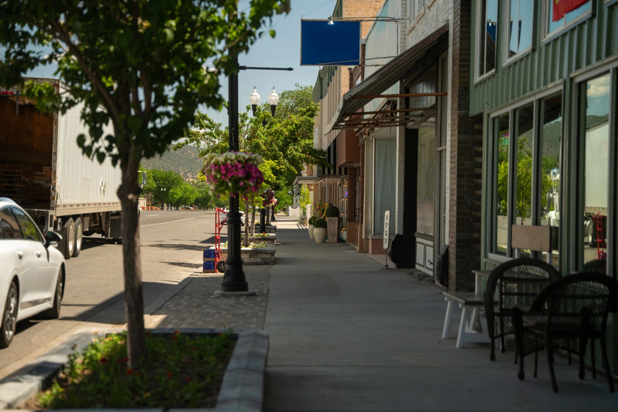 Local business storefronts along a main street